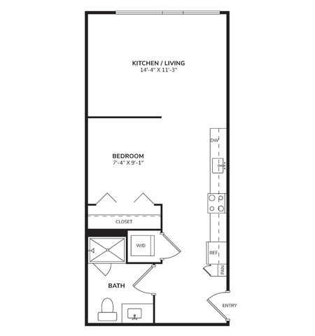 Floor plan for studio, 1 bath, 526 sqft